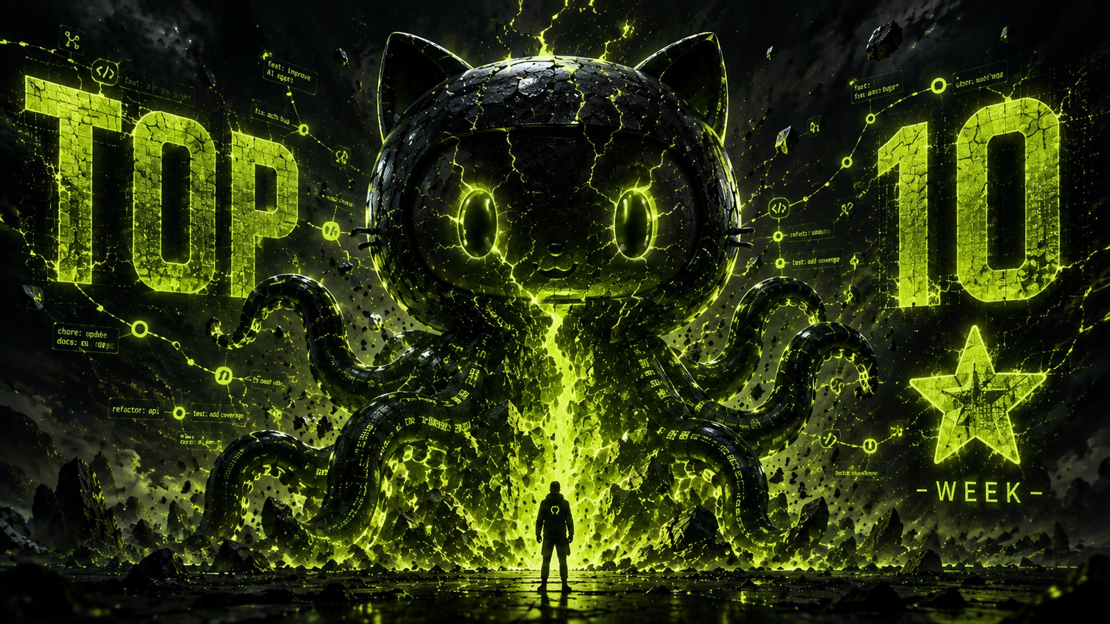 Ilustración del radar semanal: criatura inspirada en el Octocat de GitHub con energía verde lima y mensajes de commit flotando